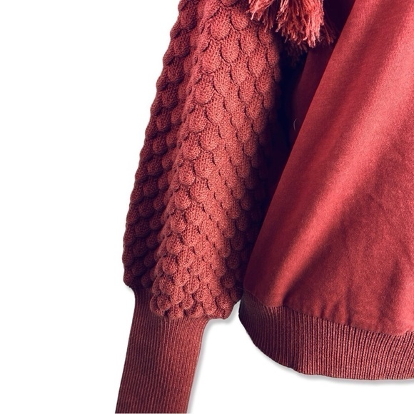 ANTHROPOLOGIE Dolan Statement Rust Knit Fringe Mock Neck Sweater Balloon Sleeve - Picture 4 of 7
